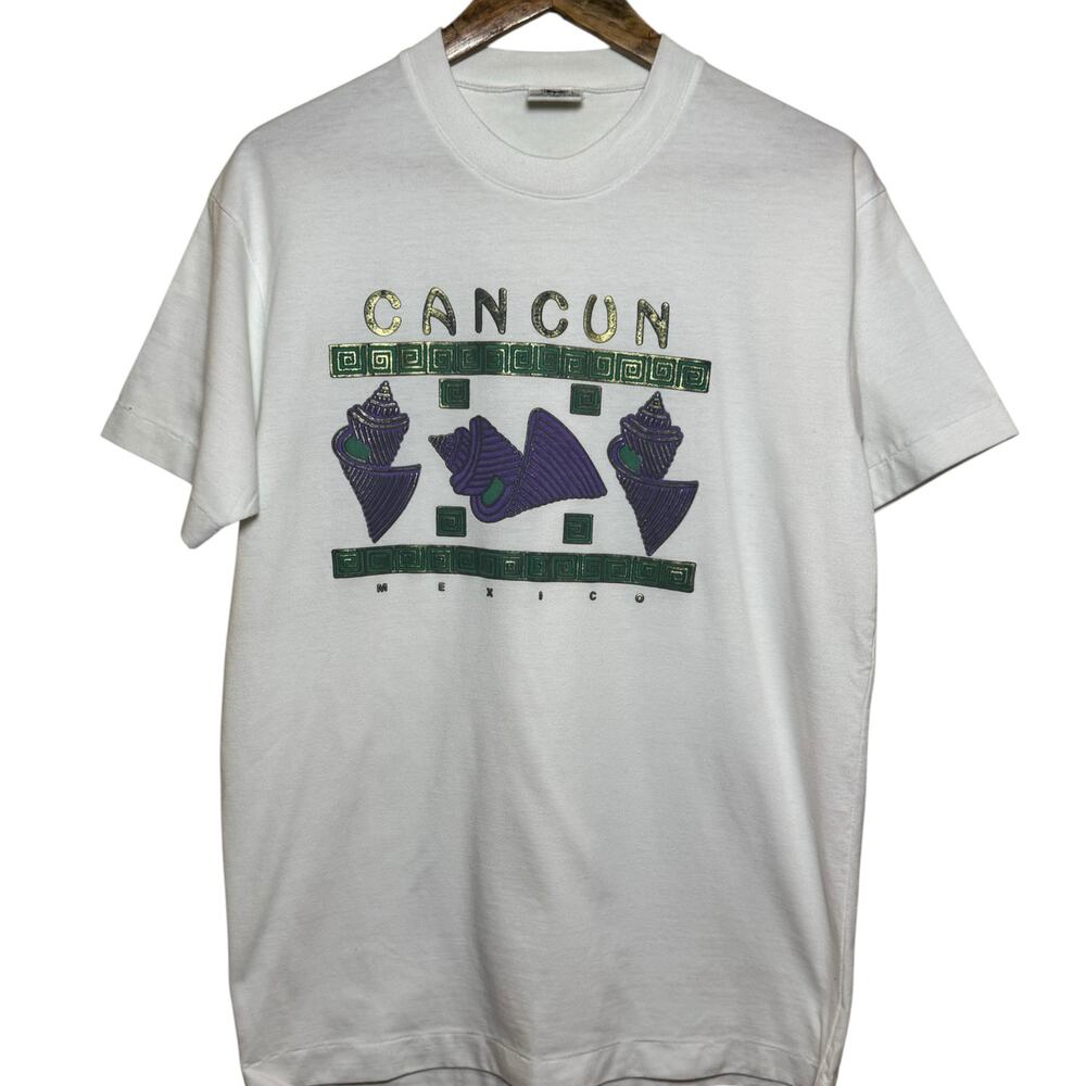 Vtg 100% Cotton Single Stitch Size Large White Puffy Ink Cancun T-shirt